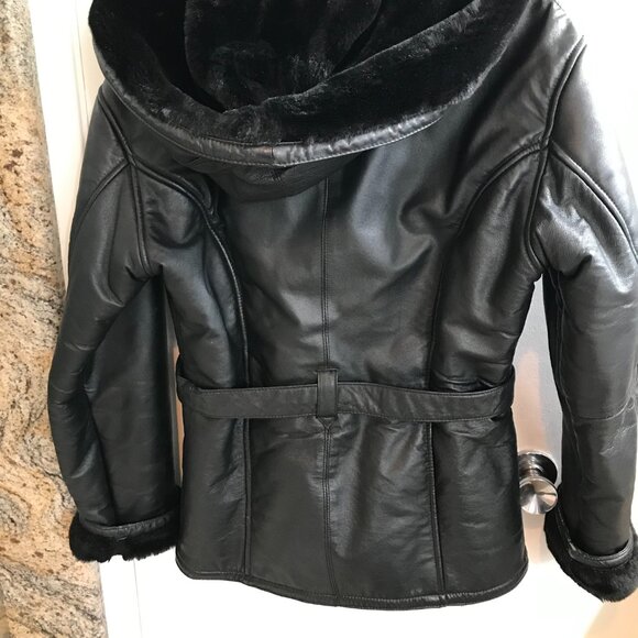 Wilsons Black Fur-lined Leather jacket with hood, M - Picture 3 of 8